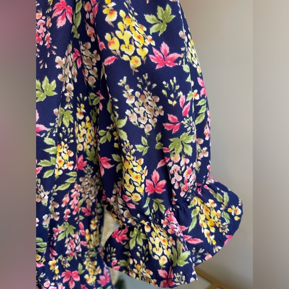 Floral print maxi dress short puff sleeves v-neckline empire waist side slits L - Picture 2 of 8